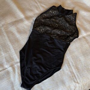 NATALIE COUTURE Girls Black Floral Lace Mock Neck Leotard Bodysuit Size YJR